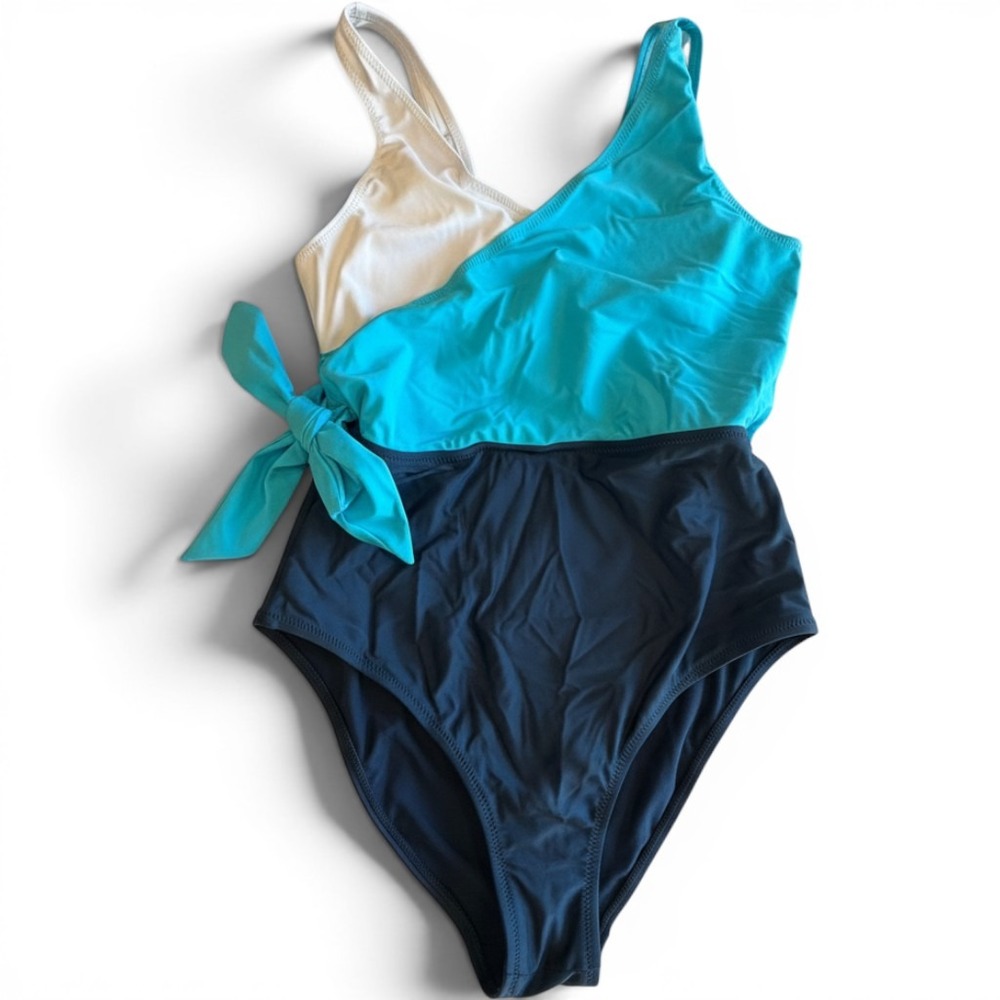 CUPSHE Womens Large One Piece Swimsuit Colorblock Faux Wrap Side Tie Navy Blue L - Picture 2 of 3